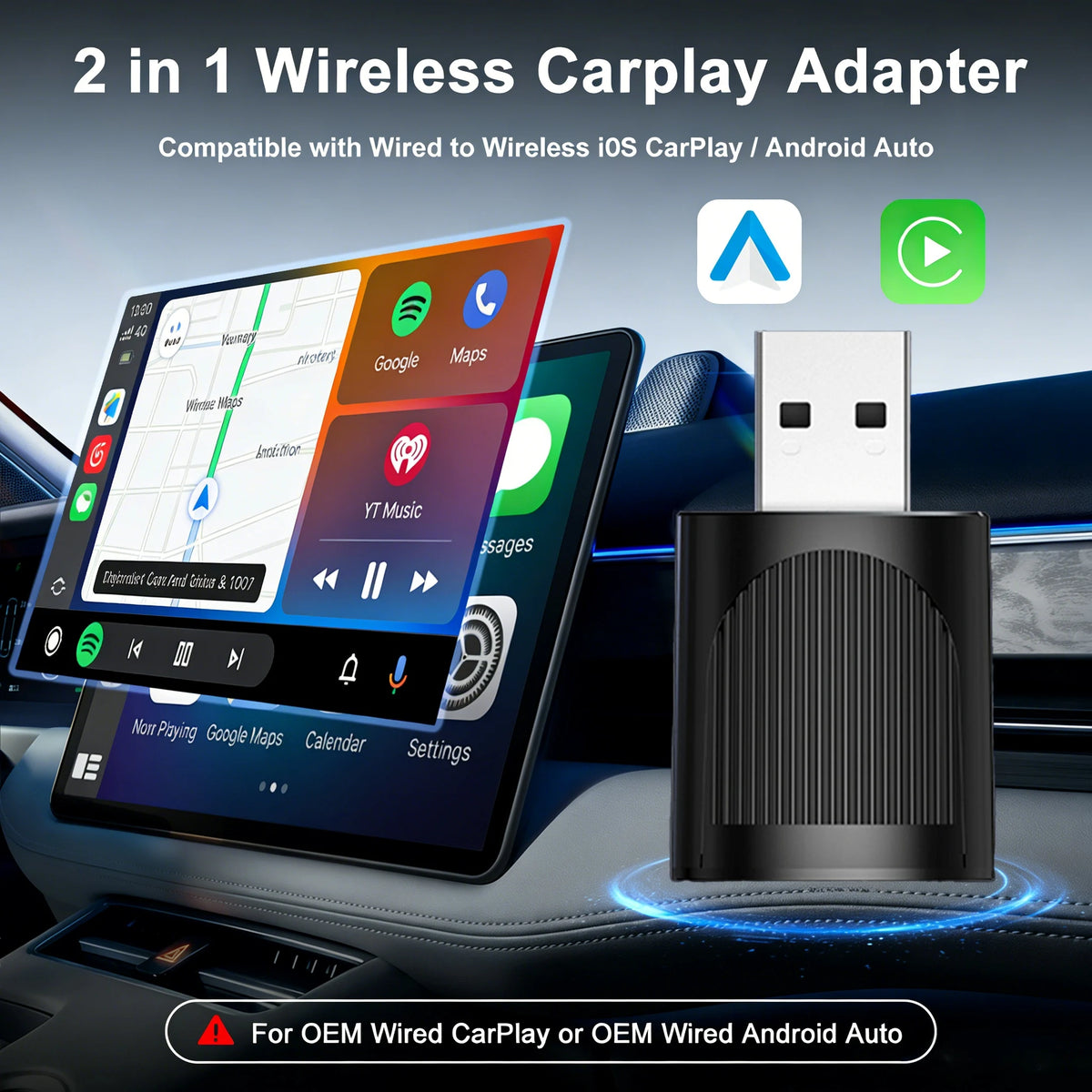 Adaptador inalámbrico CarPlay y Android Auto 2 en 1 junto a un smartphone con aplicaciones de navegación y música.