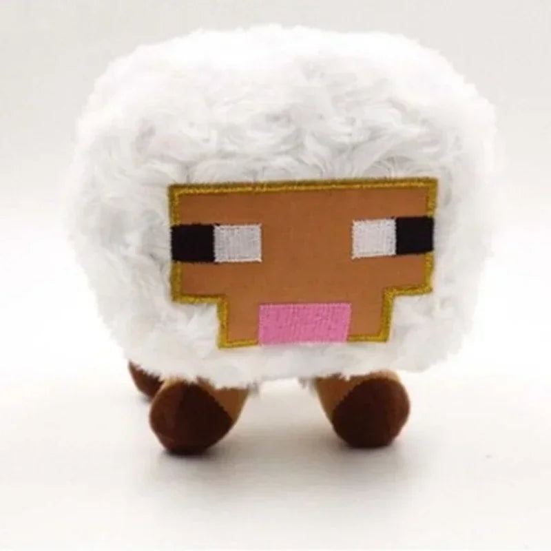 A soft plush doll resembling a Minecraft character with a white furry body and brown features.