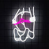 A glowing white outline of a hand and arm shape with a pink accent, suspended against a dark grid background.