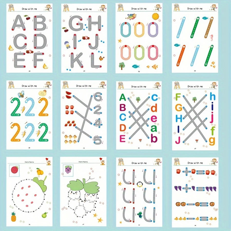 A collection of reusable magic tracing worksheets featuring letters, numbers, shapes, and words for kids.