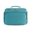 A teal quilted toiletry bag with a gold zipper and handle, shown from the front.