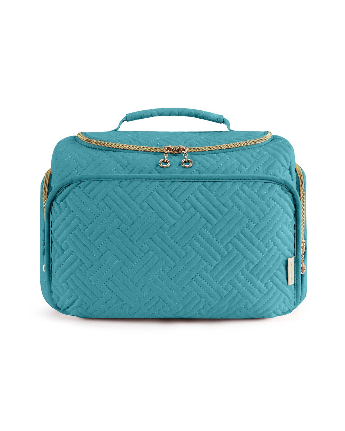 A teal quilted toiletry bag with a gold zipper and handle, shown from the front.