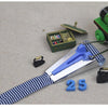 A stainless steel bias tape maker set with various sized blades and a blue handle is shown on a light fabric background.