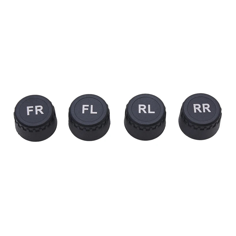 Four black sensors labeled FR, FL, RL, and RR for a solar wireless tire pressure monitoring system.