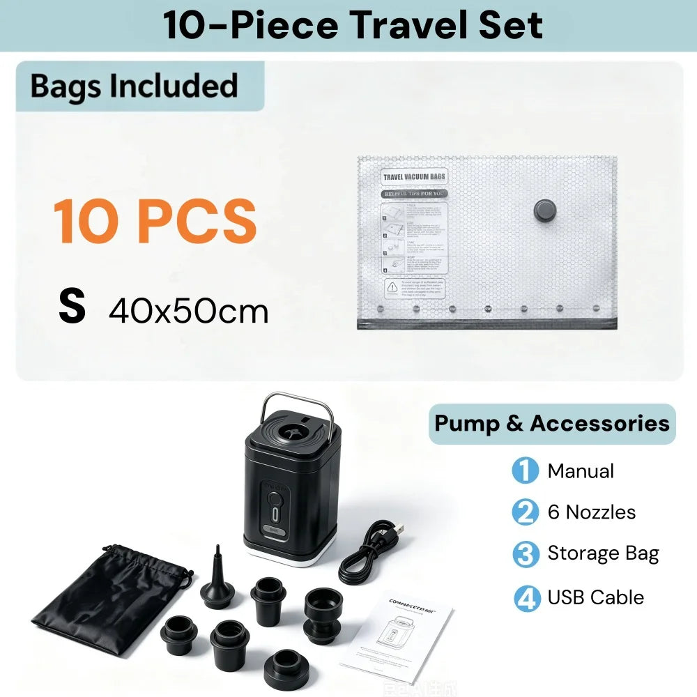 A 10-piece travel set including vacuum storage bags, a pump, nozzles, and accessories.