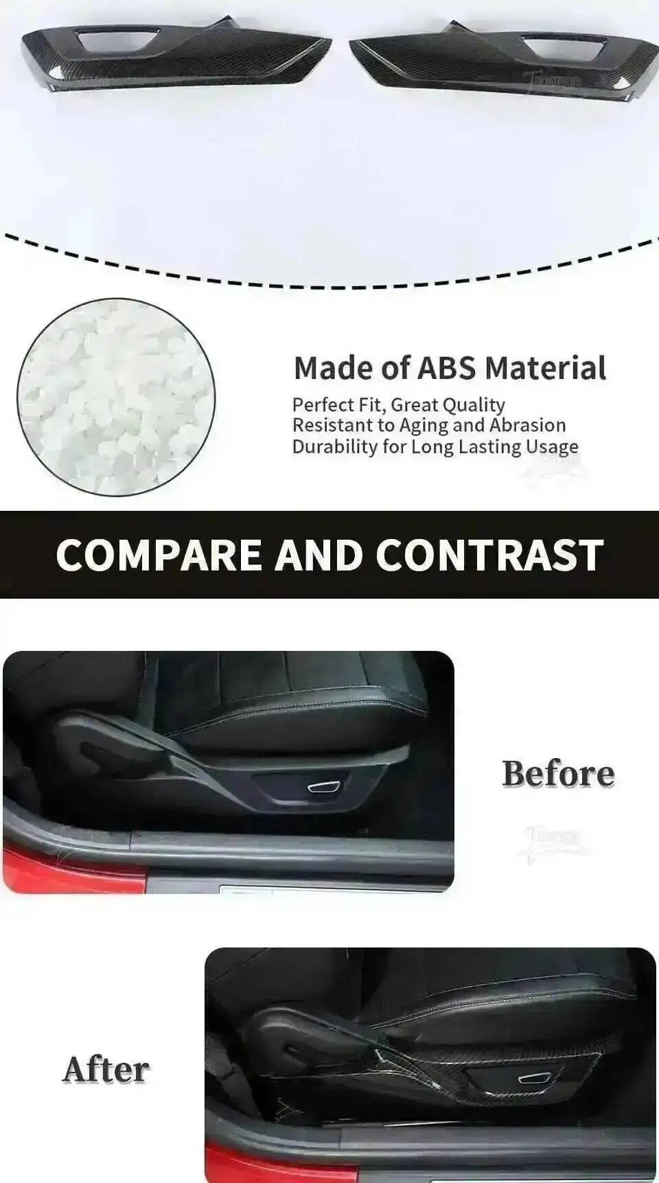 Before and after comparison of ABS material decorative trim kit for Ford Mustang interior