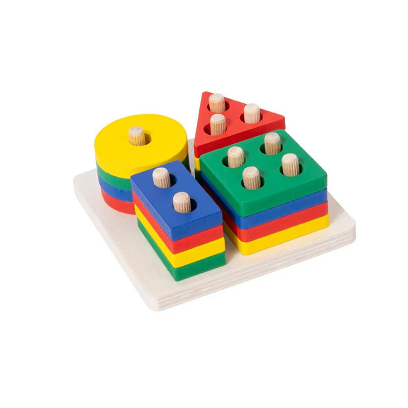 A set of colorful wooden sorting and stacking blocks in yellow, red, blue, green, and yellow stacked on a white board.