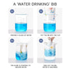 A four-step guide showing how to use a water drinking bib where a scarf absorbs water from a glass of water.