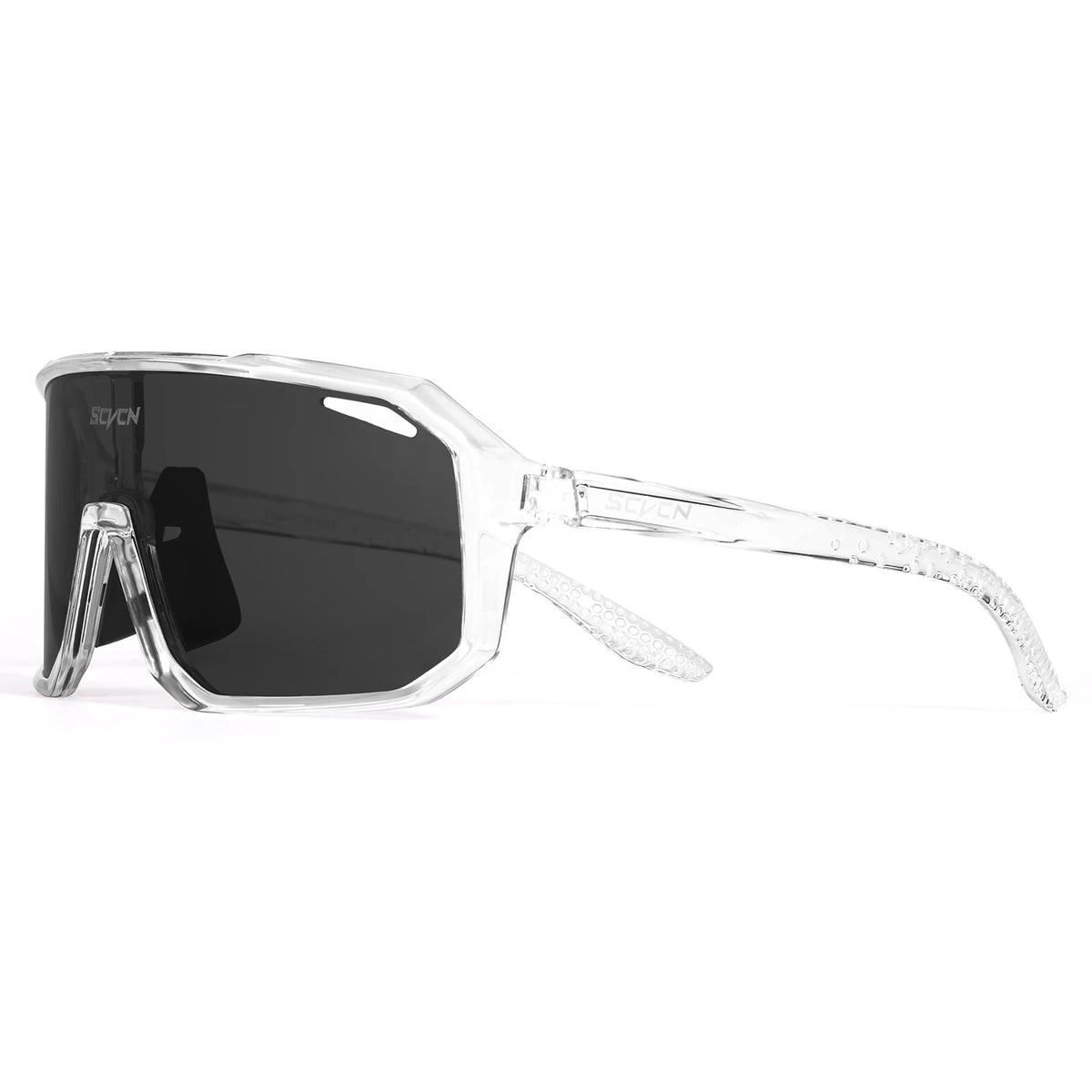 Clear frame photochromic cycling sunglasses with black lenses and flexible arms
