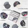 A foldable baby changing mat with a waterproof cover and storage bag showing various features like pockets, handles, velcro, 