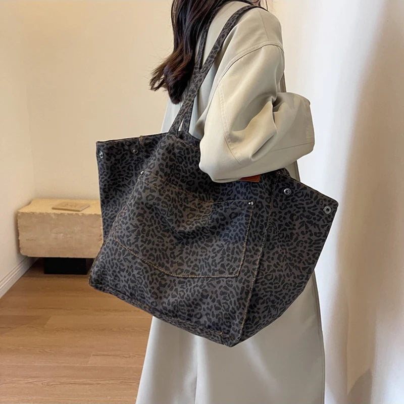 Vintage Leopard Print Canvas Tote Bag