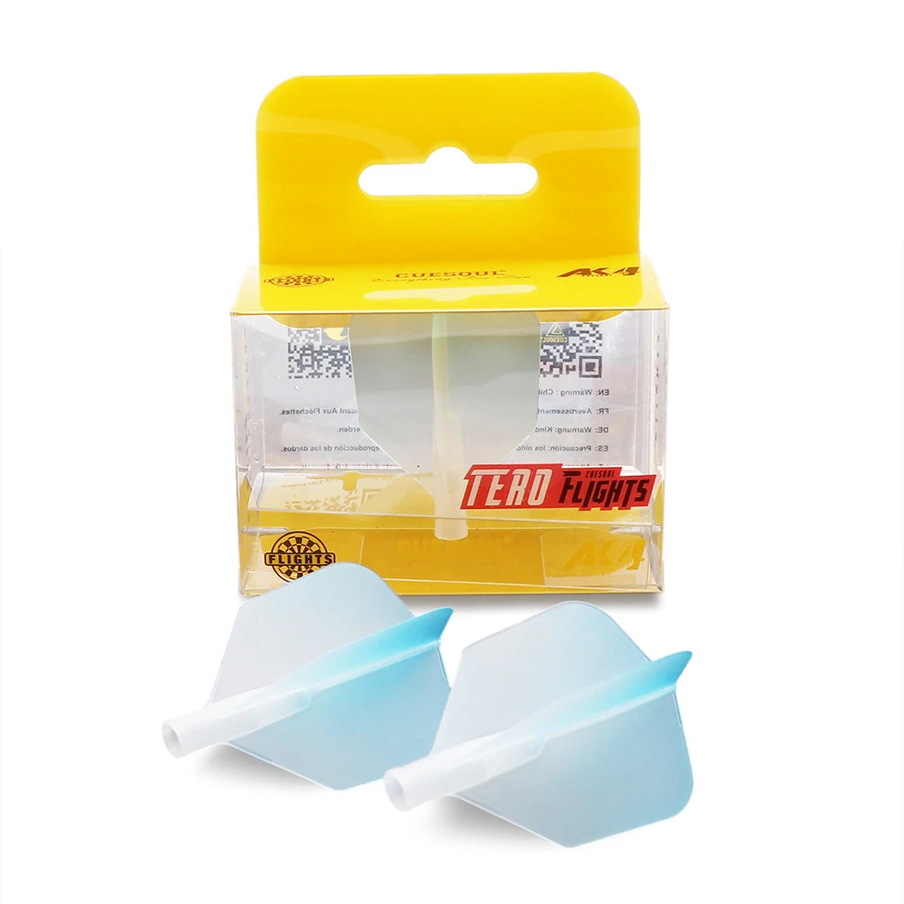 A yellow plastic box containing precision dart flights with a big wing shape and graduated colors.
