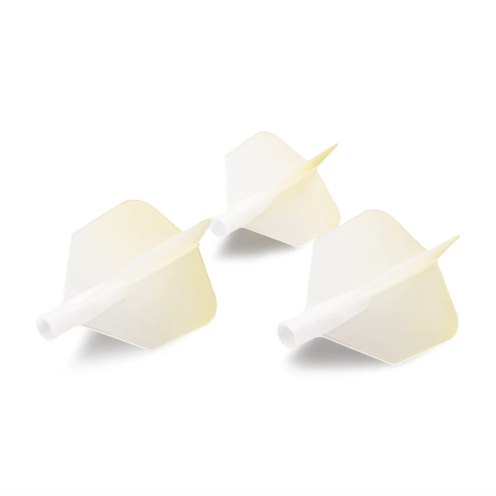Two white precision dart flights with a big wing shape and graduated colors shown against a white background.