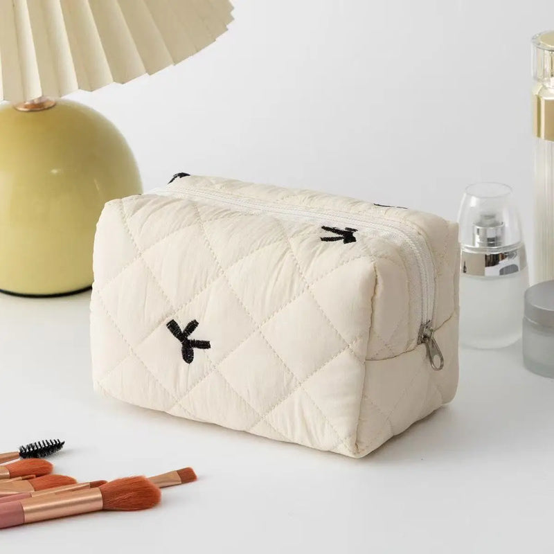 Quilted Floral Makeup Bag with Bow Detail