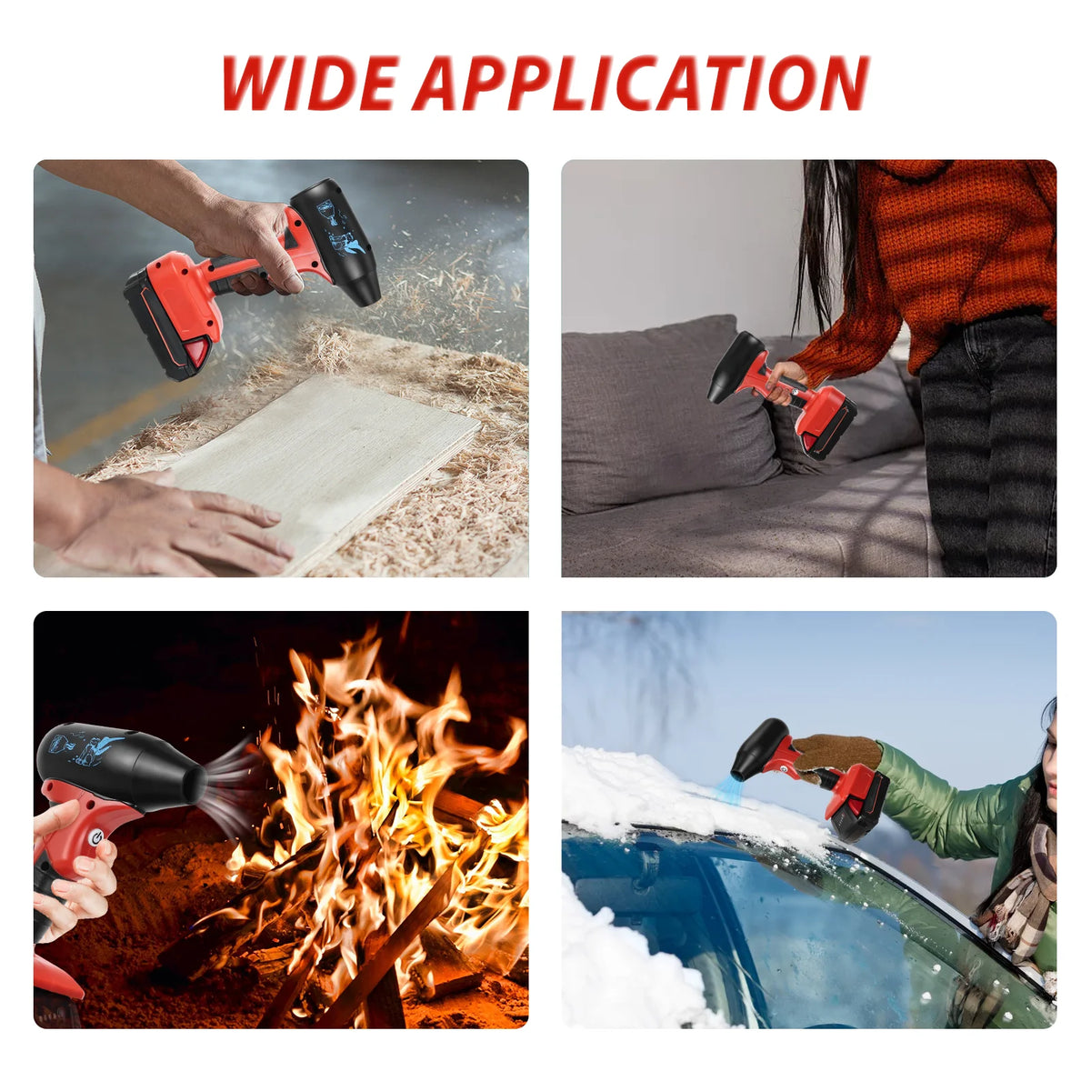 A cordless handheld jet blower with a brushless motor is shown in various applications including cleaning, furniture, and cle