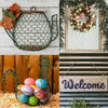 A decorative hexagonal garden fencing netting hanging on a wooden structure with seasonal greenery and flowers.