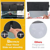 A clear vision slide out sun visor extender for cars shown in various angles and usage contexts.