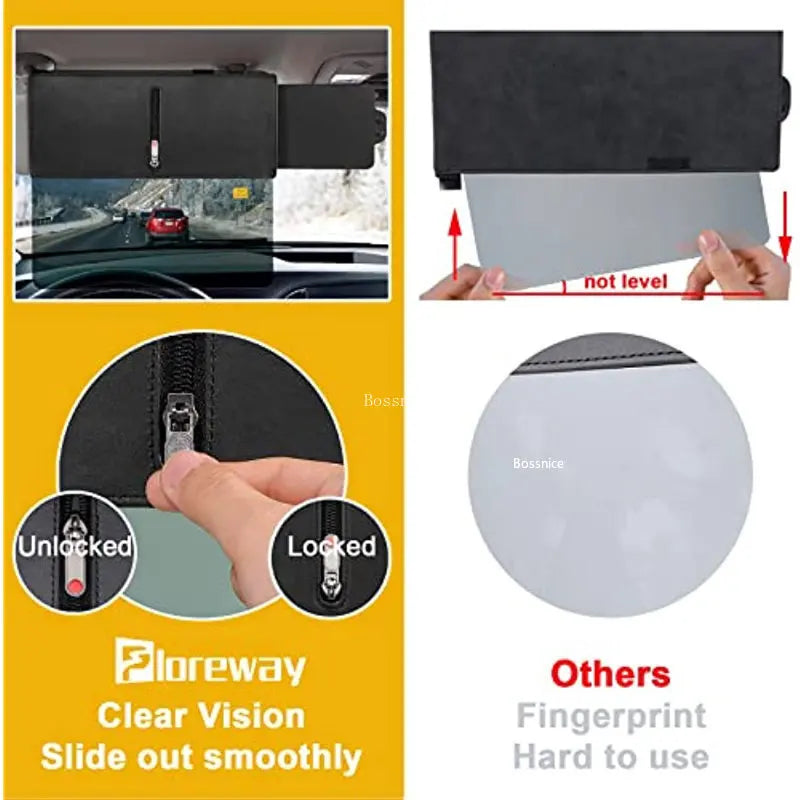A clear vision slide out sun visor extender for cars shown in various angles and usage contexts.