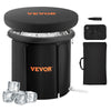 A black portable ice bath tub with a lid and thermal cover, surrounded by ice cubes.