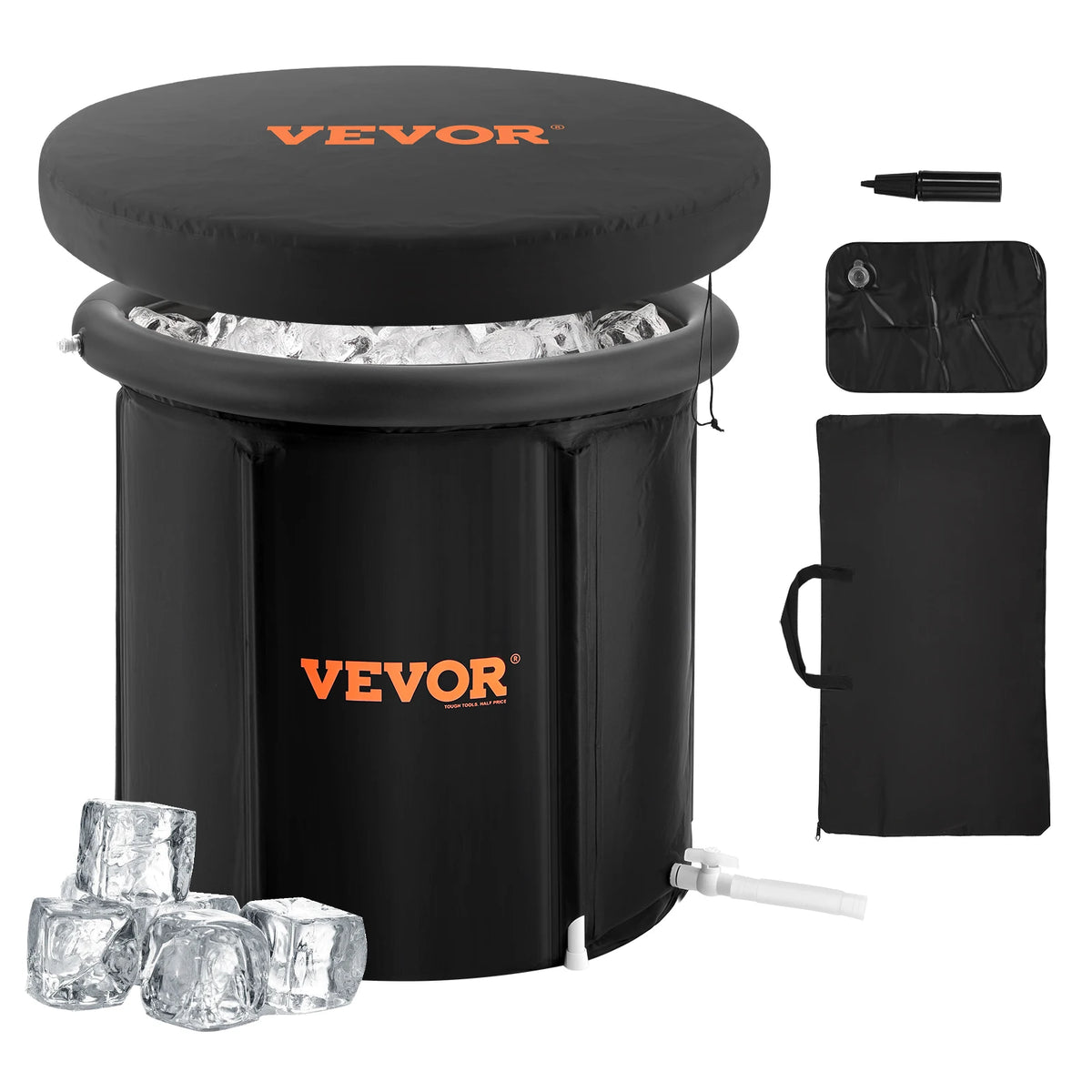 A black portable ice bath tub with a lid and thermal cover, surrounded by ice cubes.
