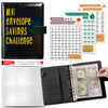 A black A5 budget binder with cash envelopes and a savings challenge tracker sheet.