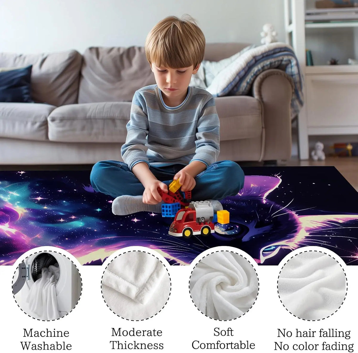 A boy sits on a couch with a purple blanket featuring a cat design and various fabric swatches.