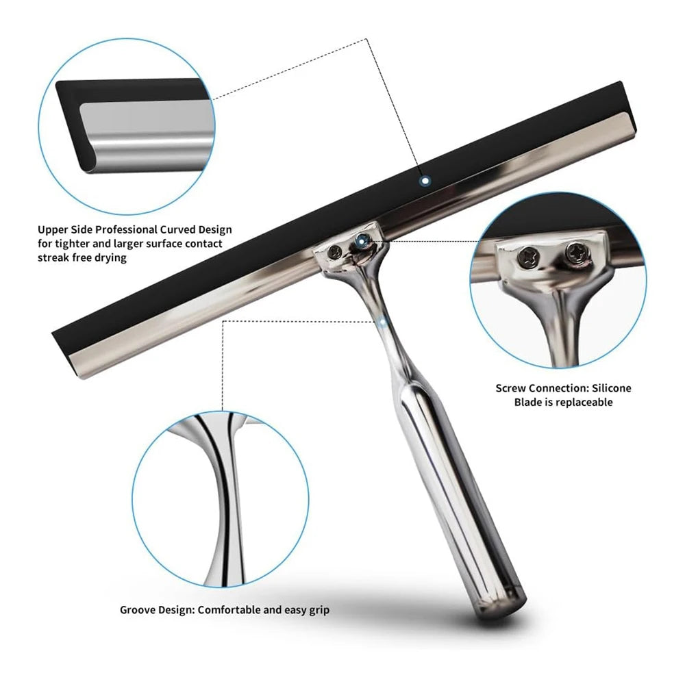 Shower Squeegee with Hanging Silicone Holder for Glass Doors & Mirrors