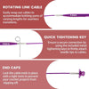 A set of purple rotating link cables, quick tightening keys, and end caps for knitting projects.