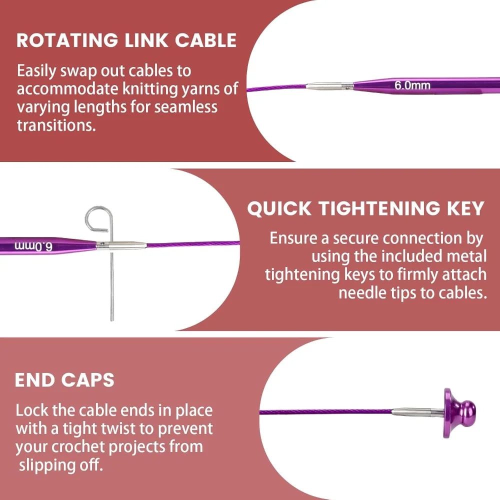 A set of purple rotating link cables, quick tightening keys, and end caps for knitting projects.