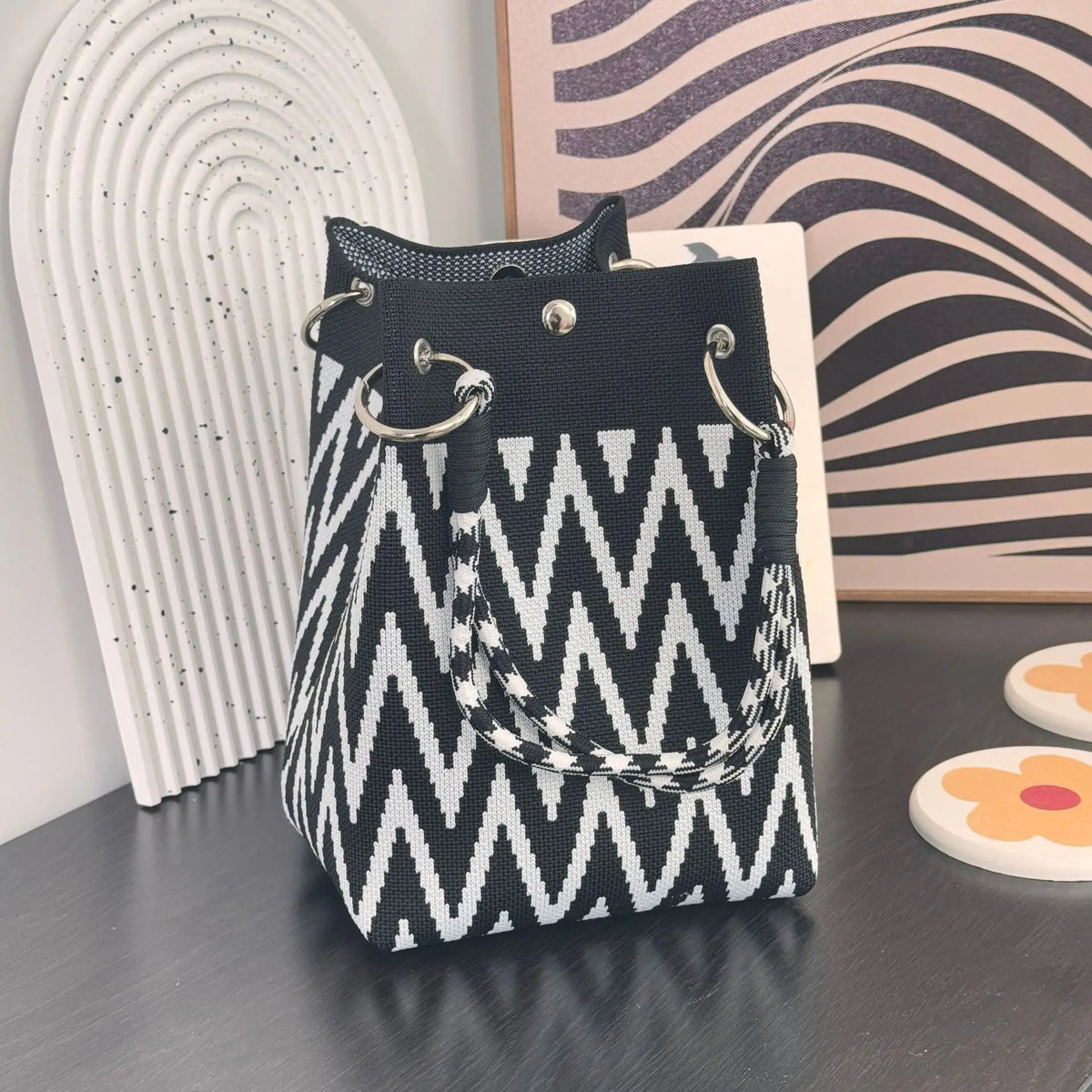 Mini Knitted Colorblock Bucket Bag with Detachable Handle
