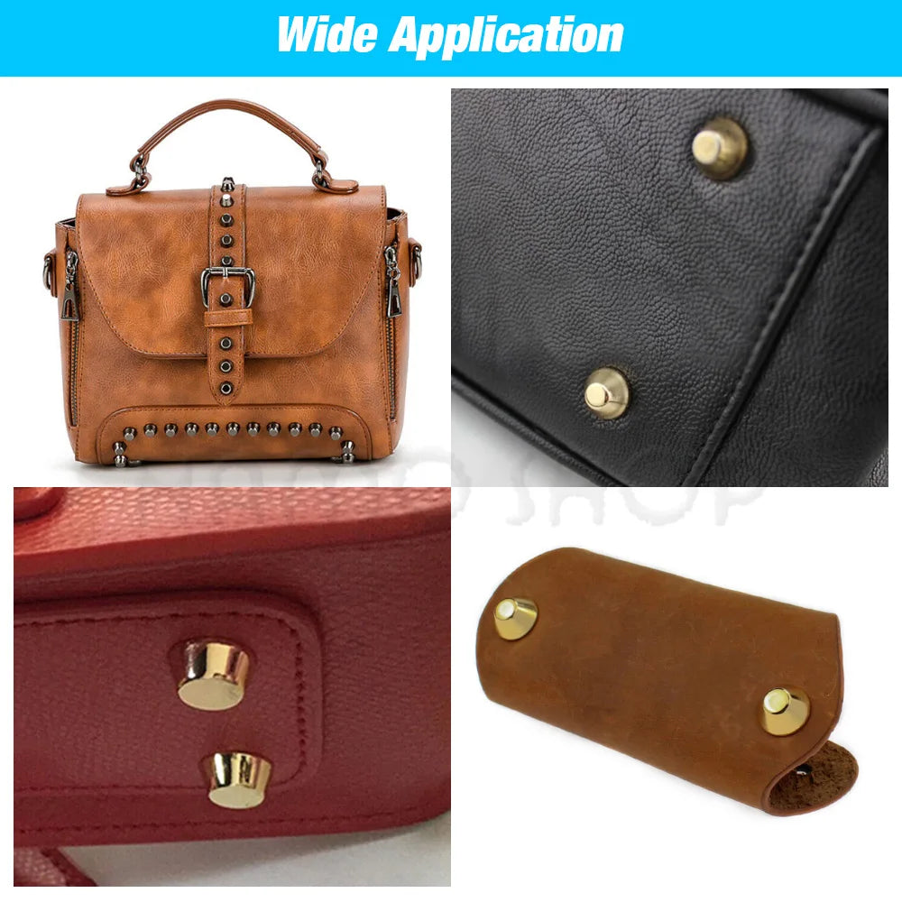 A brown leather bag with metal studs and a dark gray leather piece featuring brass studs.