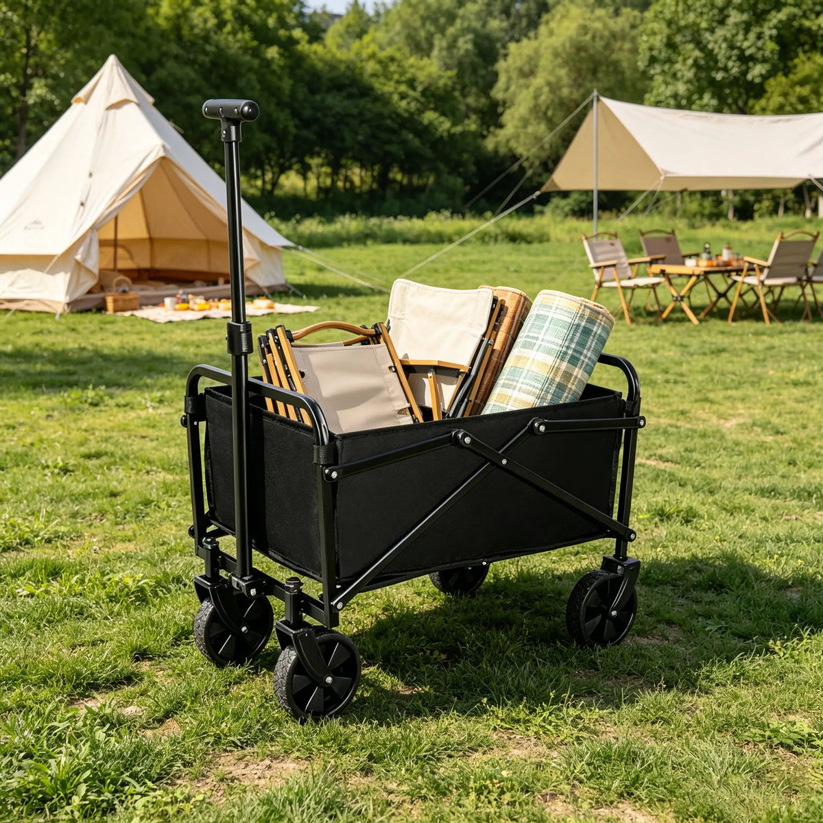 Une remorque de camping noire et pliable avec des sièges en bois et une housse en toile, garée sur une pelouse près de tentes