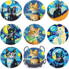 A set of nine diamond painting coasters featuring cats in various poses and colors with metal holders.