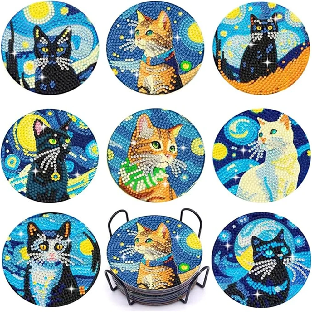 A set of nine diamond painting coasters featuring cats in various poses and colors with metal holders.