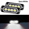 Two white LED strobe side marker lights shown in a close-up and a functional view illuminating the road.