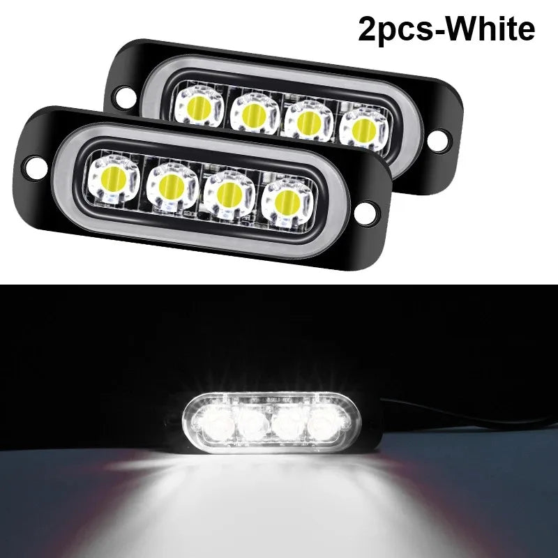 Two white LED strobe side marker lights shown in a close-up and a functional view illuminating the road.