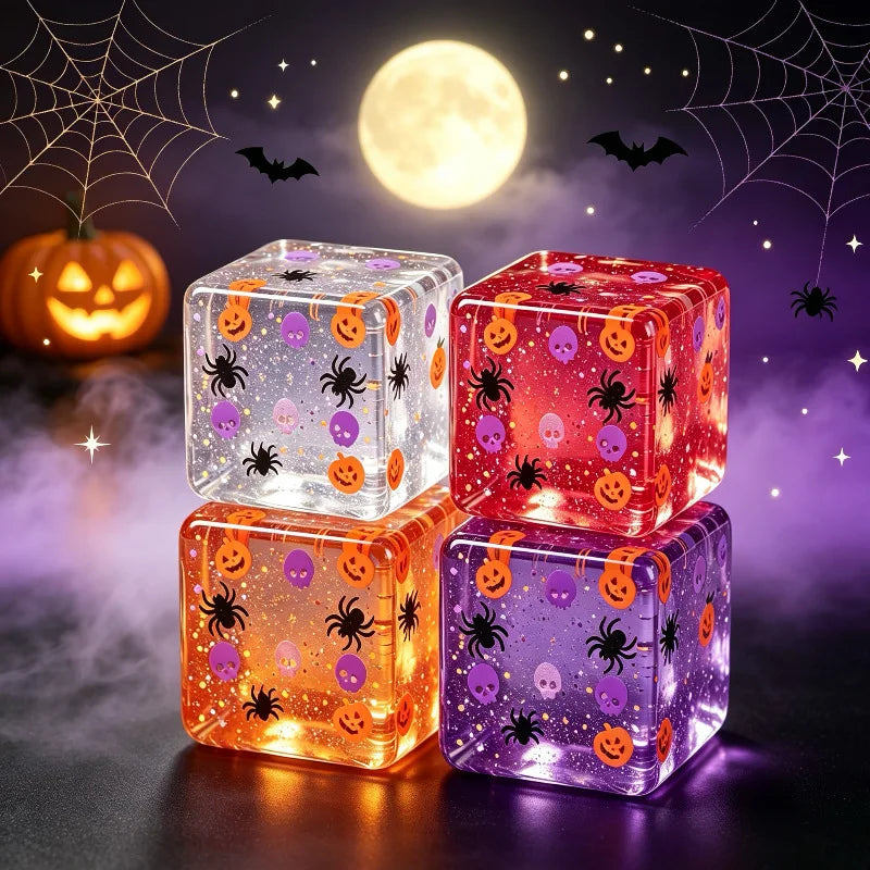 Cuatro juguetes antiestrés en forma de cubo brillantes con temática de Halloween como arañas y calabazas contra un fondo oscu