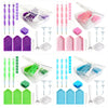 A complete diamond painting accessory kit featuring various tools, storage boxes, and components in multiple colors like purp