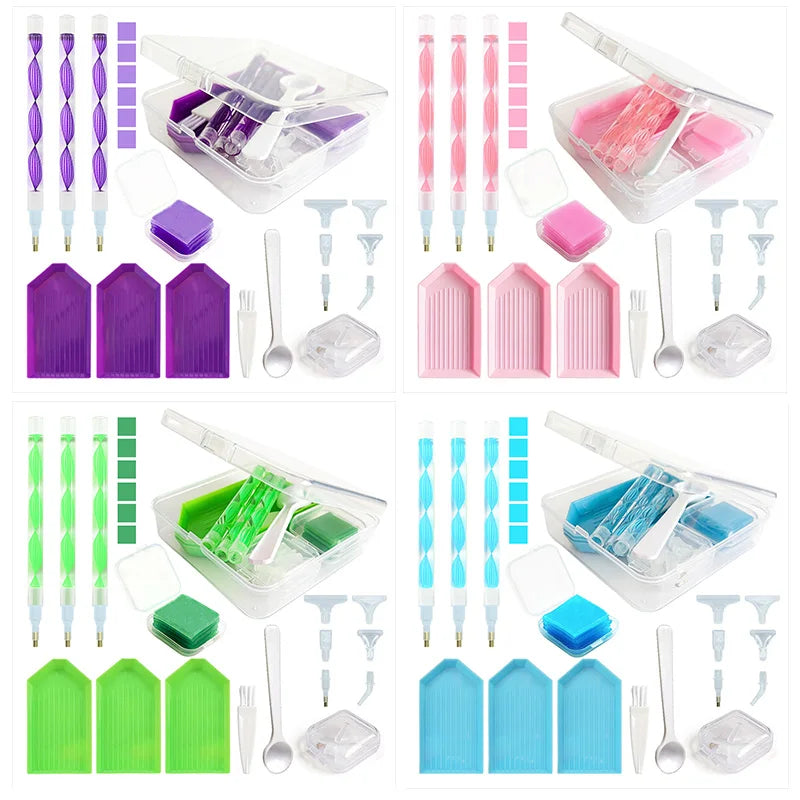 A complete diamond painting accessory kit featuring various tools, storage boxes, and components in multiple colors like purp