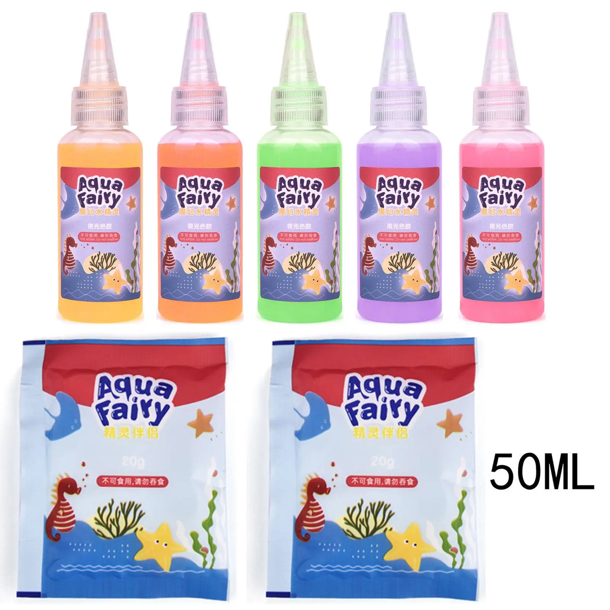 A set of 5 colorful liquid craft kits in various bottles and a large pouch for DIY 3D Water Elf Craft Kit for Kids