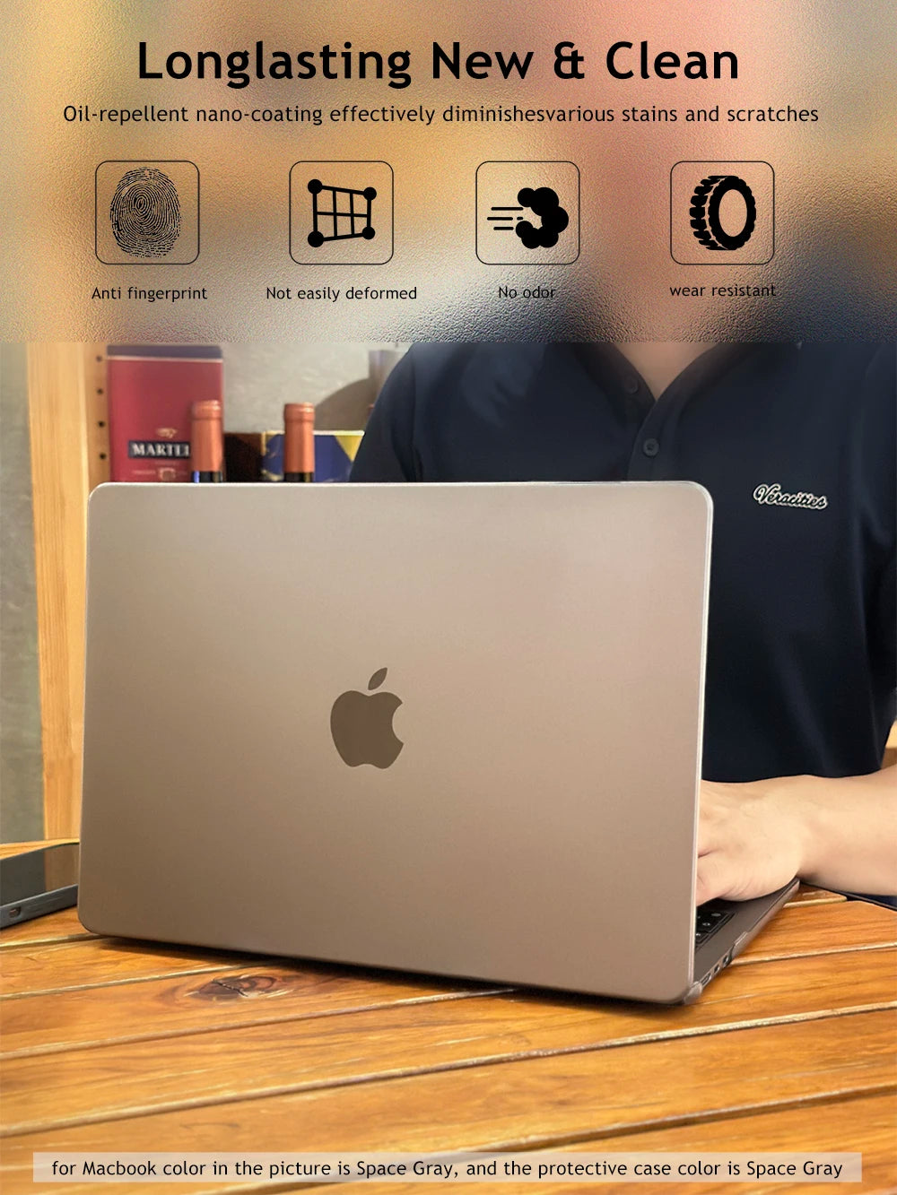 A protective case for a MacBook in Space Gray is shown next to features like anti-fingerprint and wear resistance.