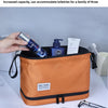 An orange classified storage bag for toiletries, showing a blue bottle and a white tube on a white surface.