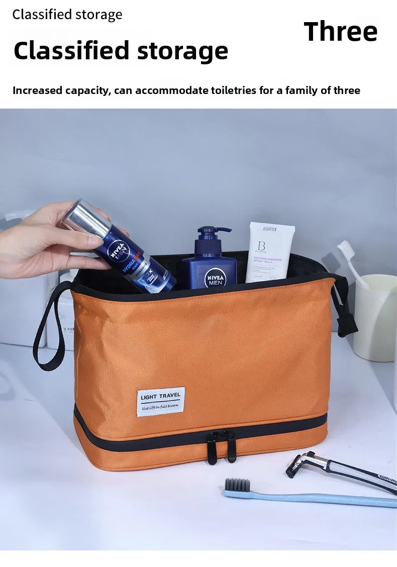 An orange classified storage bag for toiletries, showing a blue bottle and a white tube on a white surface.