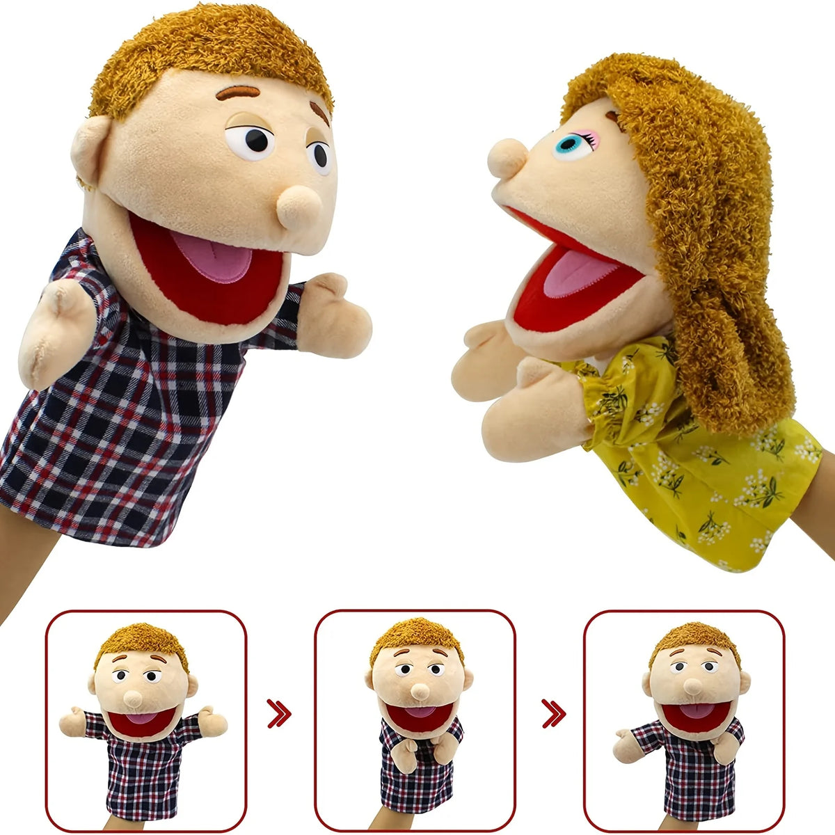 A set of soft hand puppets featuring a male and female character with movable mouths for children.