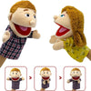 A set of soft hand puppets featuring a male and female character with movable mouths for children.