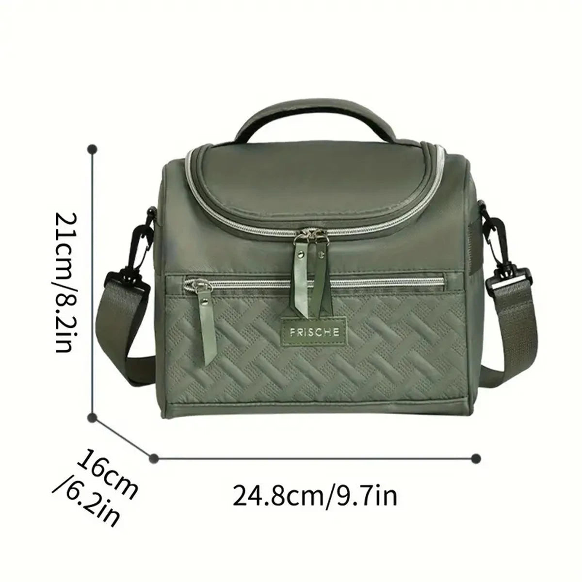 Bolsa térmica de color verde oliva con cremallera y correa acolchada para hombro, vista desde arriba.