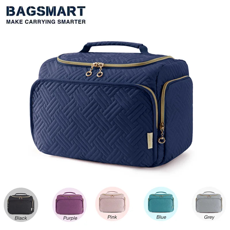 A navy blue quilted toiletry bag with a handle shown alongside various color options.