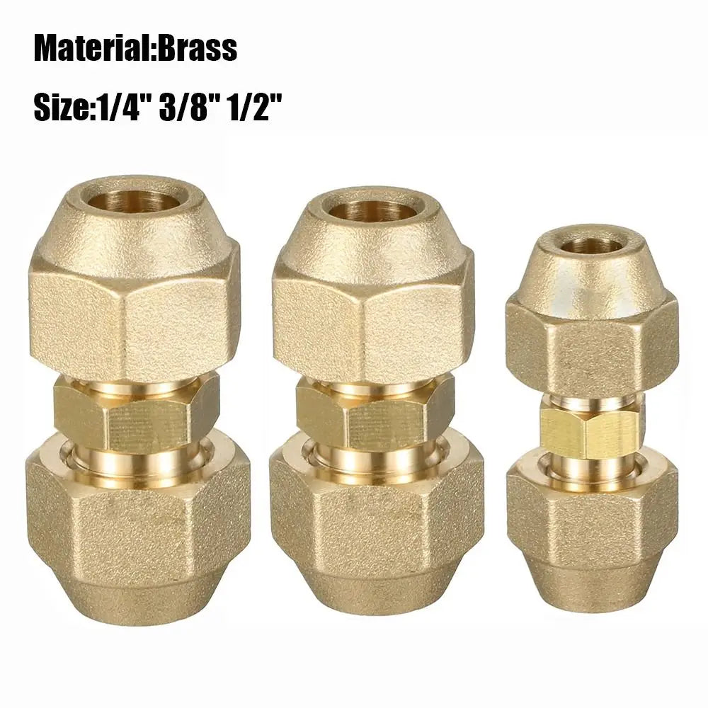 Three brass extension fittings with flare nuts shown in various angles