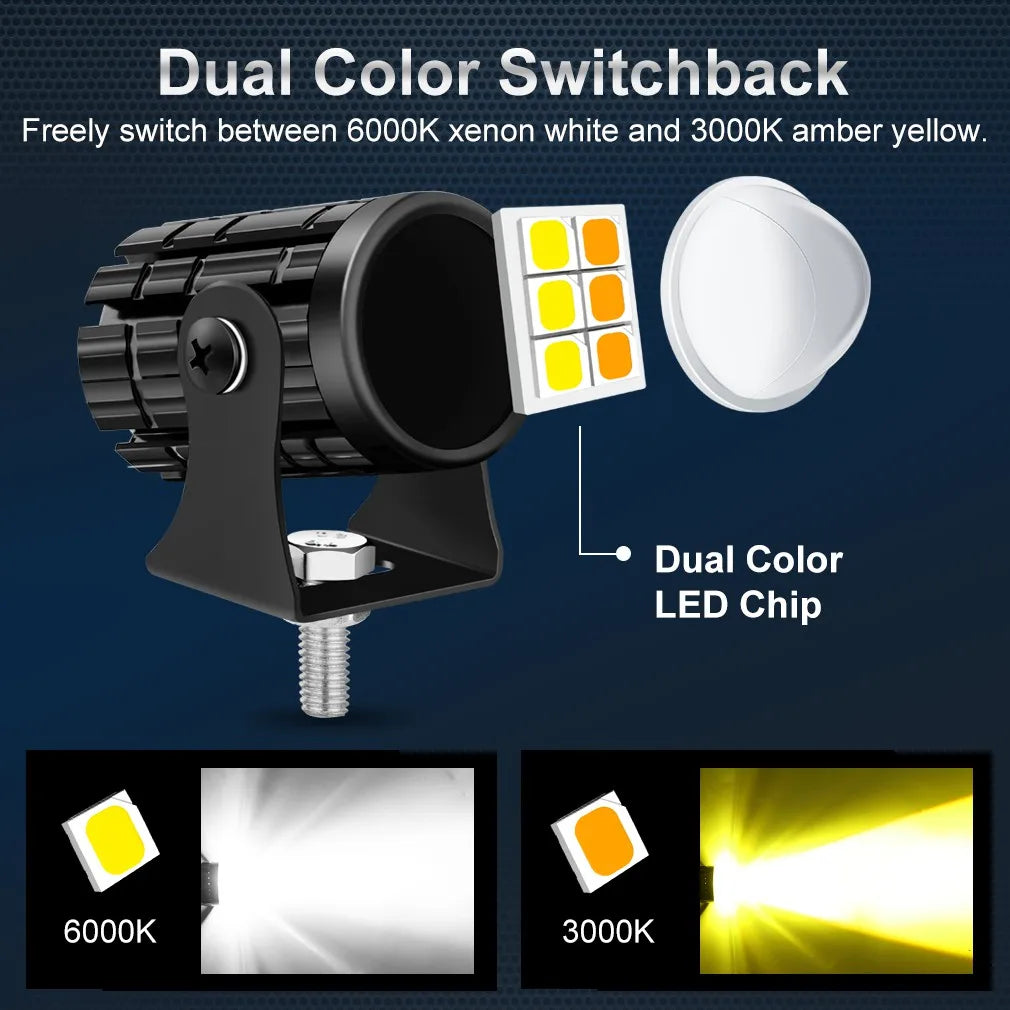 Dual Color Switchback LED chip for motorcycle fog light, showing 6000K white and 3000K amber yellow options.