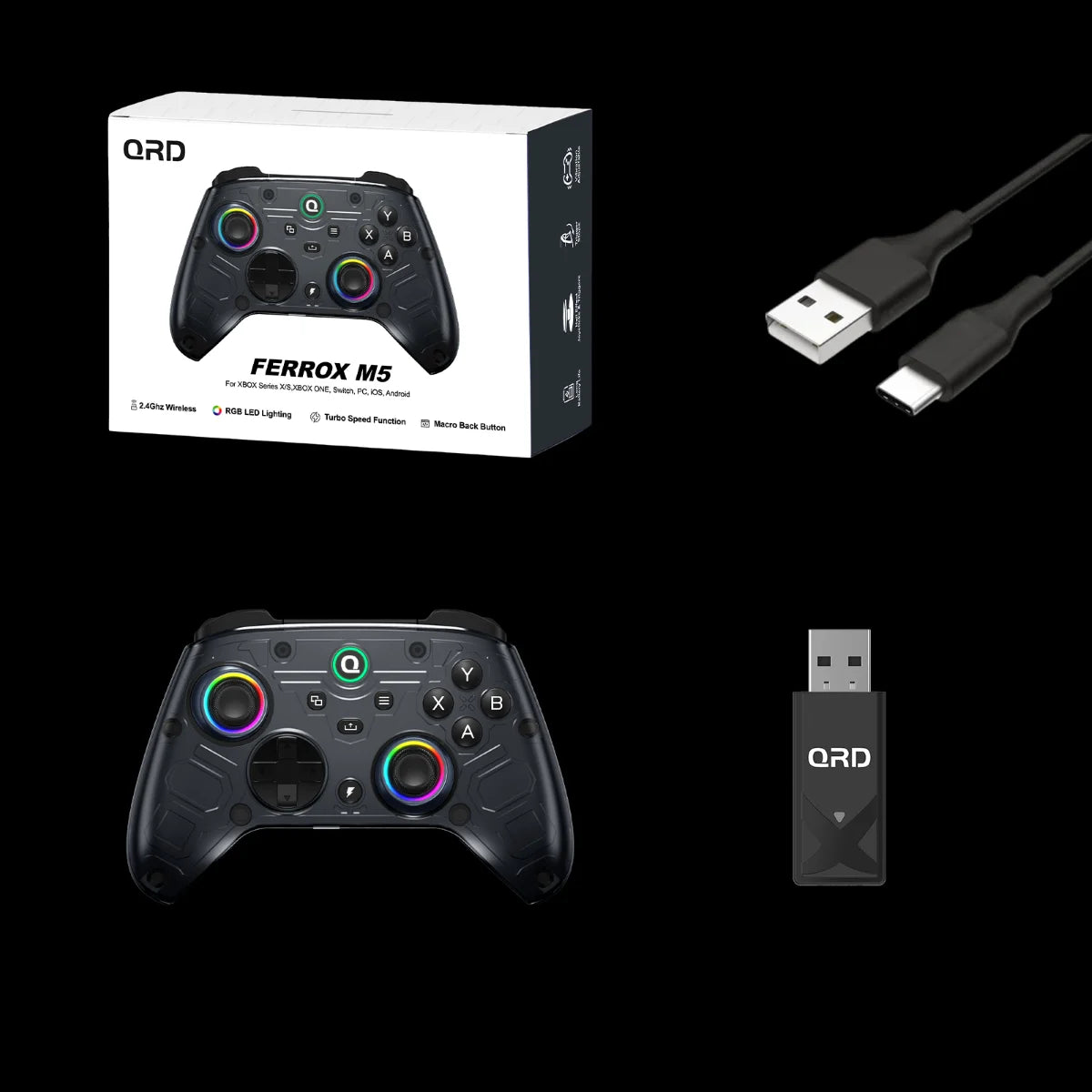 Schwarzer Ferrox M5 kabelloser Gaming-Controller mit Ladekabel und Verpackung